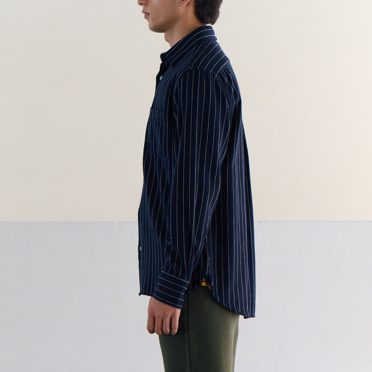 Two Ply Flecked Weave Shirt in Navy Pinstripe