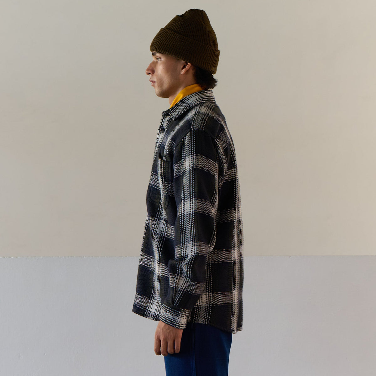 Chevron Weave Overshirt in Navy Olive Check