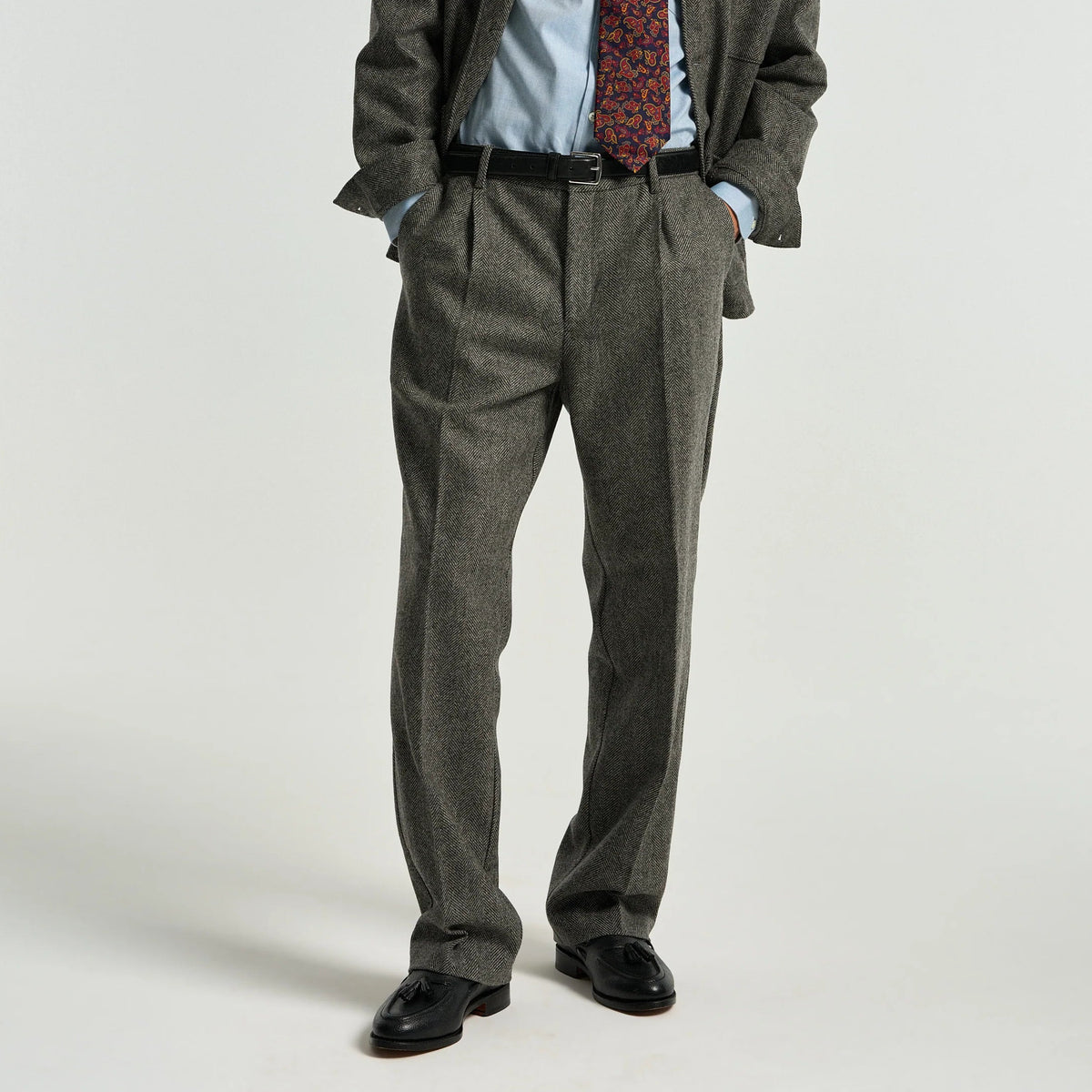 Single Pleat Herringbone Trousers in Grey