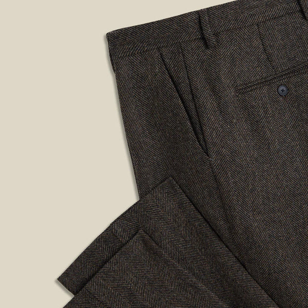Single Pleat Herringbone Trousers in Brown