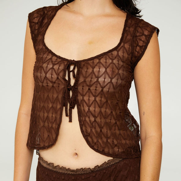 Geo Lace Tie Front Top in Brown