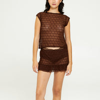 Geo Lace Tie Front Top in Brown