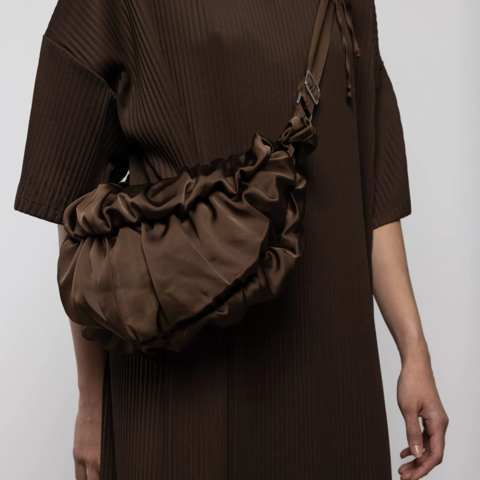 Ruffle Satin Crossbody Bag in Brown