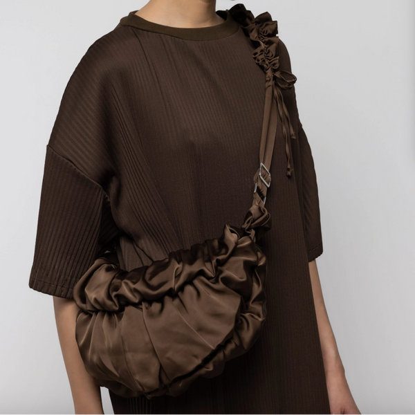Ruffle Satin Crossbody Bag in Brown