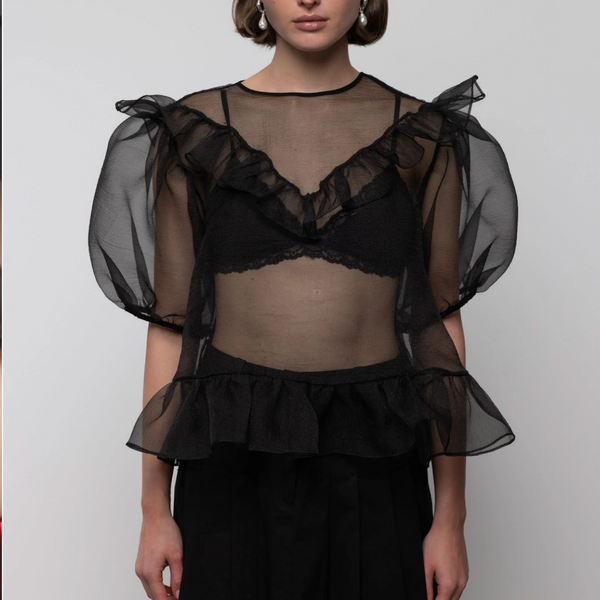 Organza Balloon Sleeve Top in Black