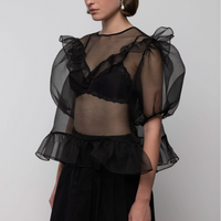Organza Balloon Sleeve Top in Black