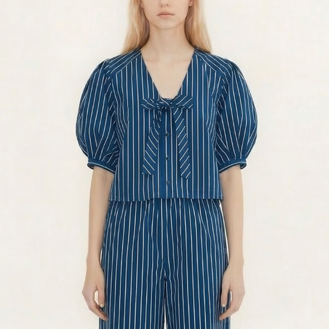 Striped Bow Blouse in Light Navy