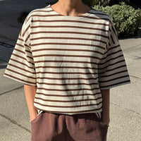 Voyage Tee in White/Coffee Stripe