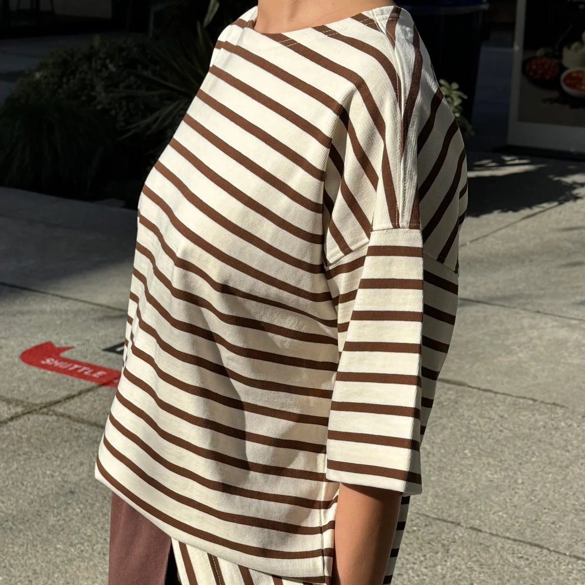 Voyage Tee in White/Coffee Stripe
