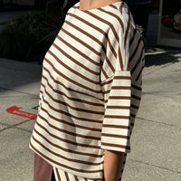 Voyage Tee in White/Coffee Stripe