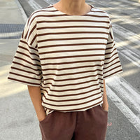 Voyage Tee in White/Coffee Stripe