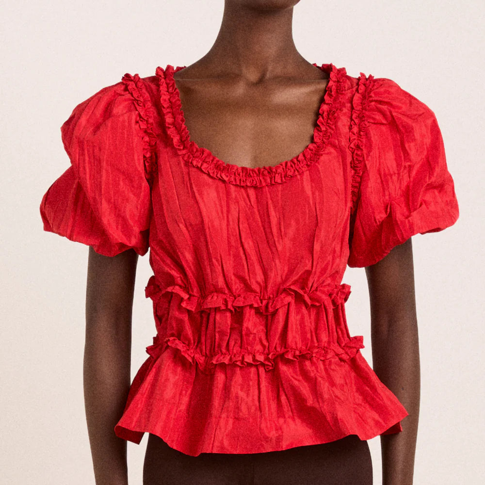 Everly Ruffle Blouse in Red Tafetta