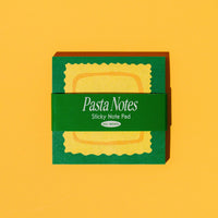 Pasta-shaped sticky notes with a green box on a yellow background