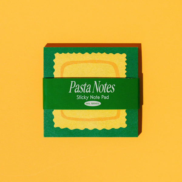 Pasta-shaped sticky notes with a green box on a yellow background