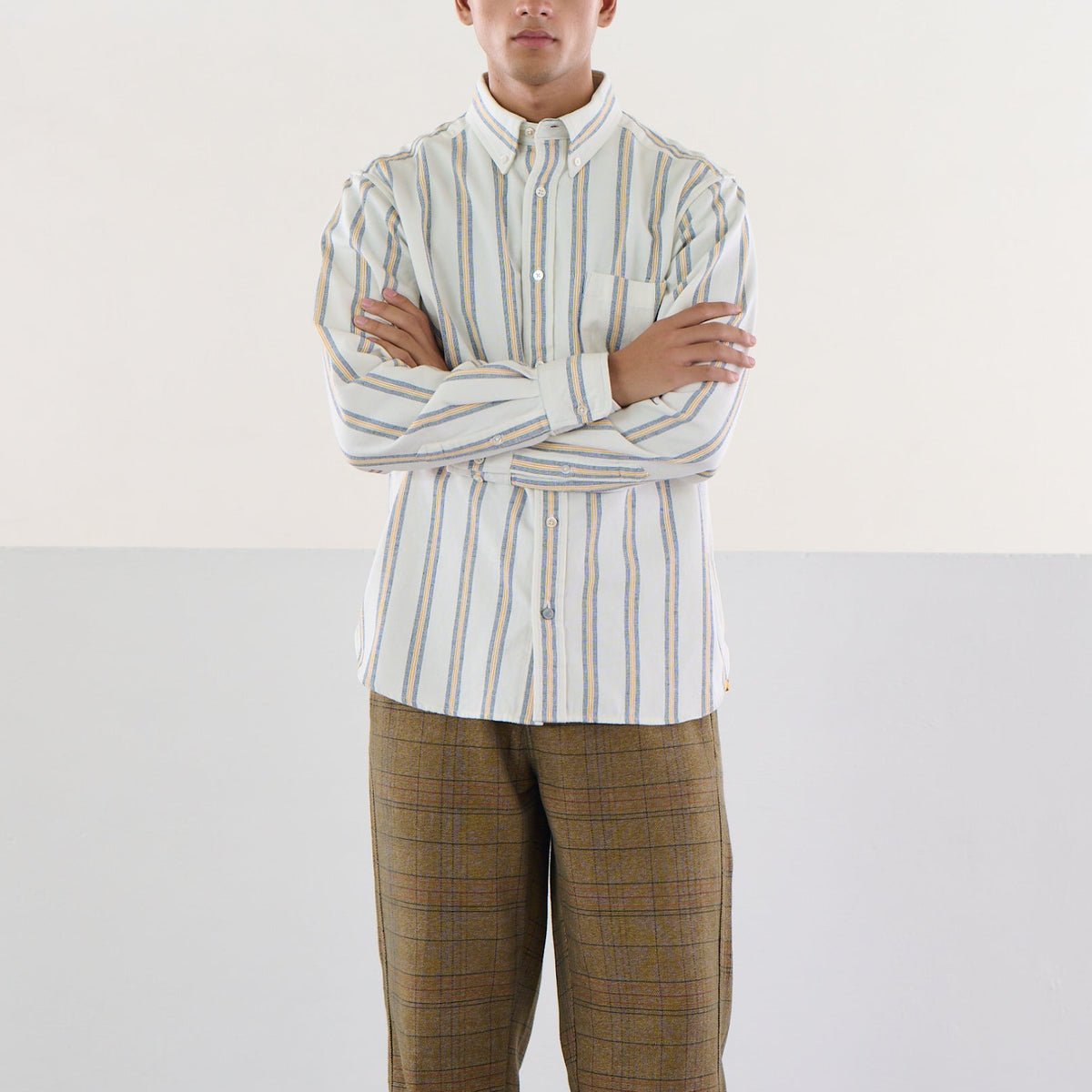 Two Ply Oxford Weave Shirt in Blue Gold Stripe