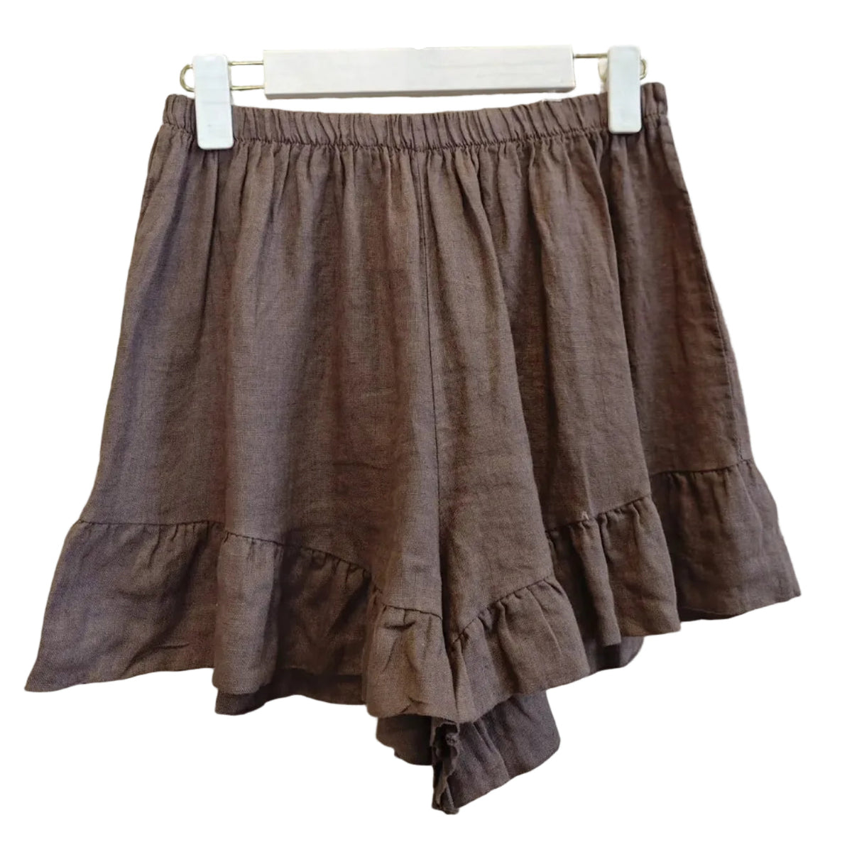 Ruffle Linen Shorts in Brown