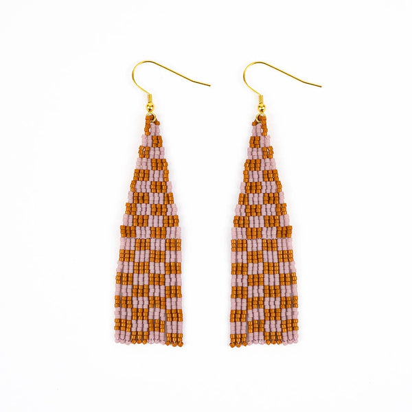 Delica Checkerboard Fringe Earrings - Lilac Clay