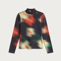 A long-sleeve mock neck top with a dark charcoal base and an abstract, blurred floral pattern in orange, cream, and green.
