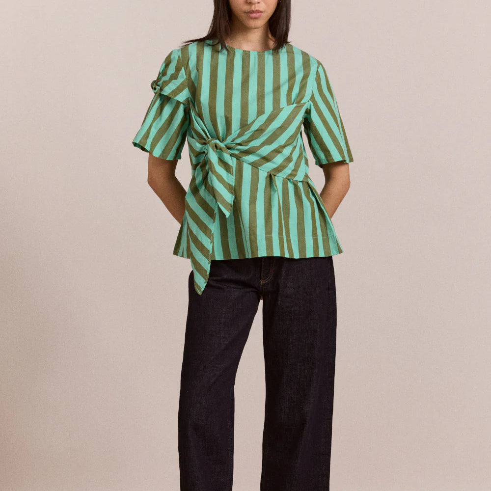Estelle T-Shirt Blouse in Aqua Olive Stripe