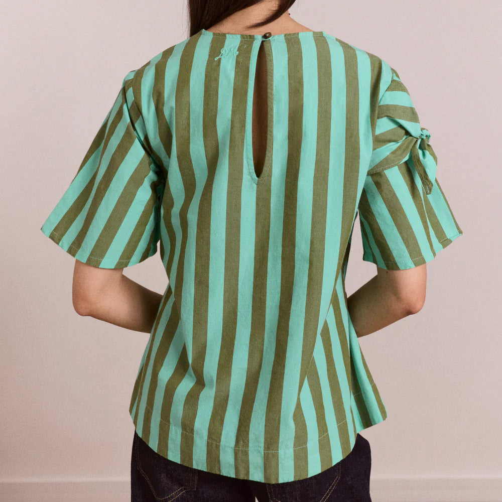 Estelle T-Shirt Blouse in Aqua Olive Stripe