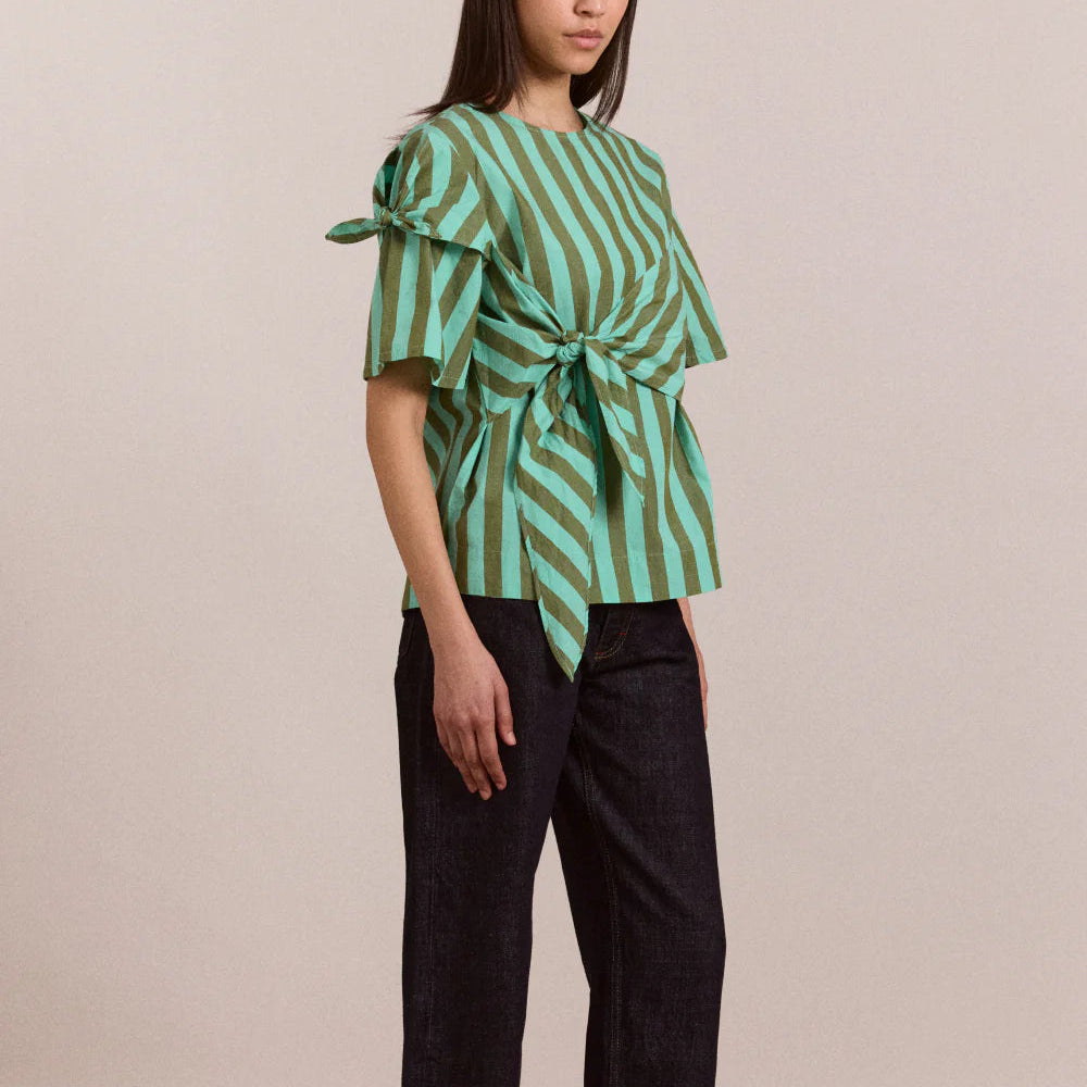 Estelle T-Shirt Blouse in Aqua Olive Stripe