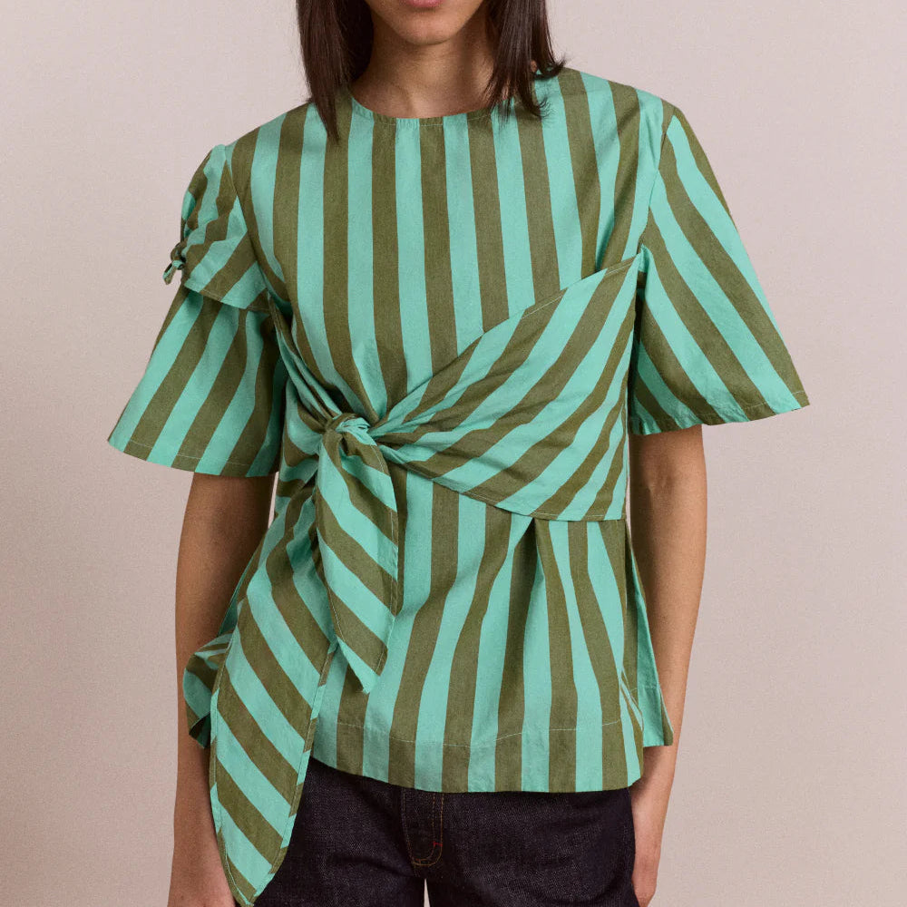 Estelle T-Shirt Blouse in Aqua Olive Stripe