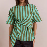 Estelle T-Shirt Blouse in Aqua Olive Stripe