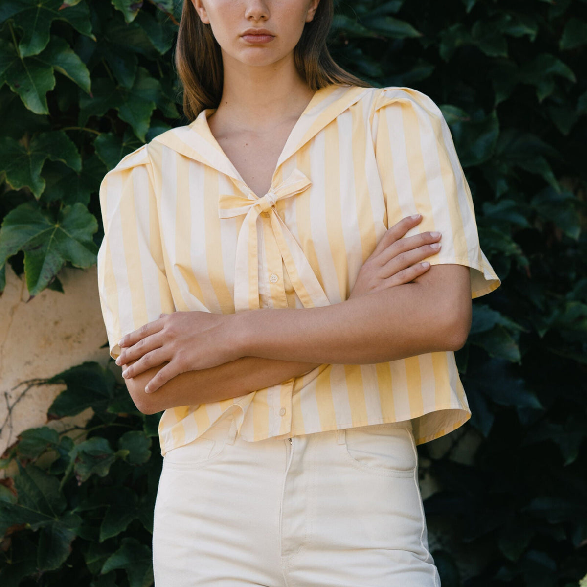 Striped Sailor Neck Blouse in Mellow Yellow