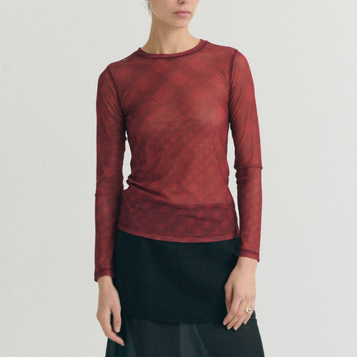 A sheer long-sleeve top in a muted red-brown color 